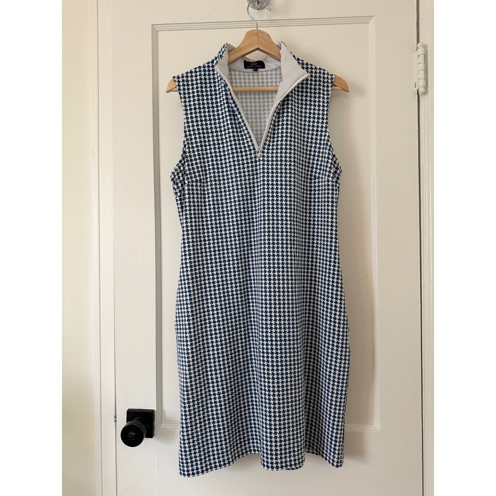 Sailor-Sailor‎ Womens Brit Houndstooth 1/4 Zip Sleeveless Golf Dress Navy Size L